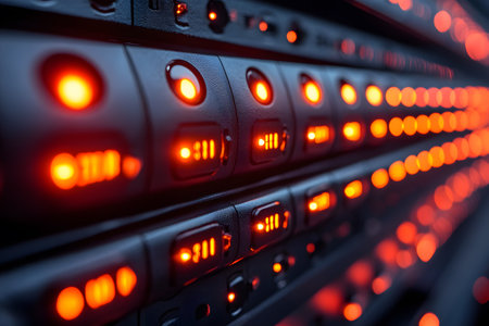 Close-up of a data server rack featuring illuminated led indicators. the image highlights advanced technology and network infrastructure in a data center environment, emphasizing connectivity and digital communication. Generative AIの素材