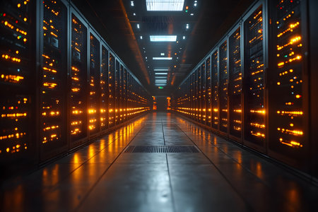 A modern data center corridor showcasing rows of illuminated servers, reflecting cutting-edge technology and cloud computing infrastructure. the warm glow creates an ambiance emphasizing the high-tech architecture and efficiency. Generative AIの素材