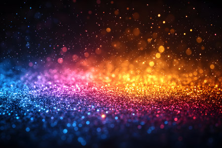 Vibrant bokeh featuring a dazzling spectrum of colors from blue to orange. sparkling lights create an enchanting backdrop perfect for festive celebrations, holiday materials, and creative design projects. Generative AIの素材