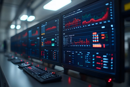 A series of monitors displays complex data analytics, charts, and graphs in a modern control room, emphasizing technology and finance. the sleek setup highlights digital monitoring and information processing for business insights. Generative AIの素材