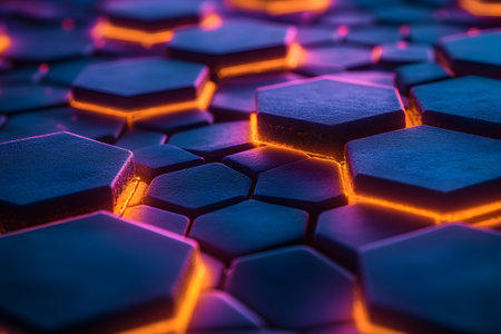 A visually striking digital art piece featuring a pattern of hexagonal tiles illuminated with vibrant neon lights. the contrast of blue and orange highlights creates a dynamic, sci-fi aesthetic ideal for modern design projects and technology-themed visuals. Generative AIの素材