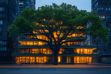 A striking urban scene featuring a large, illuminated tree perfectly positioned in front of a modern building. the glowing windows emphasize the balance between nature and city life, creating an inspiring blend of organic and architectural elements. Generative AIの素材