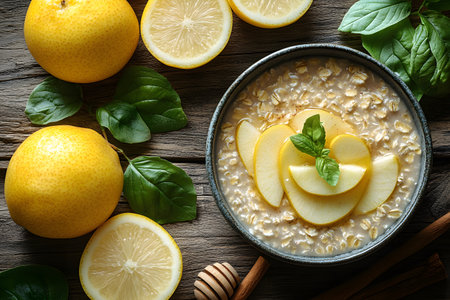 Freshly prepared oatmeal garnished with apple slices and basil sits in a bowl, surrounded by whole lemons, lemon slices, basil leaves, and a wooden honey dipper, arranged on a rustic wooden surface. Generative AIの素材