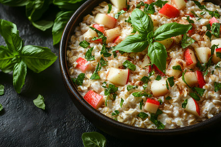 Creamy oatmeal topped with fresh apple chunks, a sprinkle of cinnamon, and garnished with vibrant basil leaves. the contrasting textures and flavors create a healthful and appealing breakfast option. Generative AIの素材