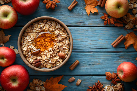 A wooden bowl of oatmeal topped with nuts and honey is surrounded by fresh apples, cinnamon sticks, and autumn leaves. set on a rustic blue wooden table, this arrangement evokes the warmth and coziness of a fall morning. Generative AIの素材