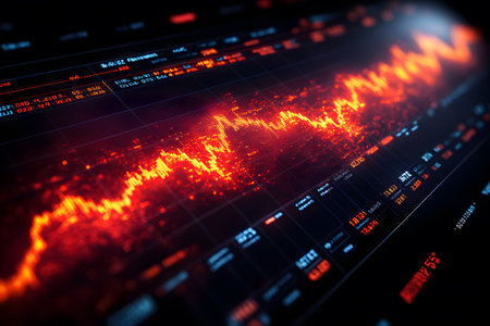 Dynamic visual representation of financial market data on a digital display, showcasing charts and trends. ideal for showcasing concepts in finance, data analytics, investment strategies, and modern technology. Generative AIの素材