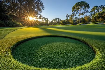 Sunrise casts a warm glow over a pristine golf course, its lush green fairway and a precisely cut hole. sunlight filters through trees, creating a serene, inviting atmosphere ideal for golf enthusiasts. Generative AIの素材