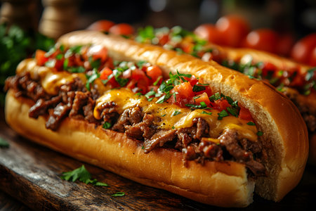 Mouthwatering close-up of a cheesesteak sandwich loaded with tender beef, melted cheese, juicy tomatoes, and fresh herbs. placed on a rustic wooden board, perfect for food photography or culinary inspiration. Generative AIの素材