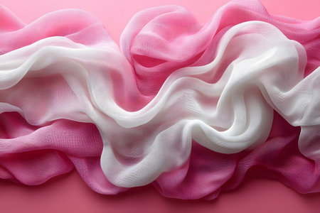 Flowing layers of pink and white sheer fabric create a soft, elegant texture against a pink background. ideal for fashion, design, and art concepts, these delicate waves suggest movement and grace. Generative AIの素材