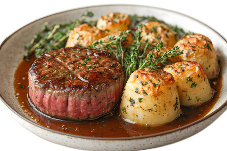 A gourmet dish featuring a succulent beef filet cooked to perfection, accompanied by golden roasted potatoes. fresh herbs and rich gravy enhance the flavors, presenting an exquisite dining experience on a speckled ceramic plate. Generative AIの素材