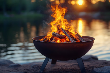 A serene lakeside scene at sunset featuring a vibrant campfire in a metal fire pit. the warm glow of the flames contrasts with the calm water and the soft light of the setting sun, creating a peaceful atmosphere ideal for relaxation. Generative AIの素材