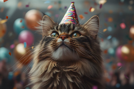 A fluffy cat wearing a vibrant party hat gazes upward amidst falling confetti and colorful balloons. the festive atmosphere is enhanced by the playful mix of colors, creating a celebratory and cheerful setting. Generative AIの素材