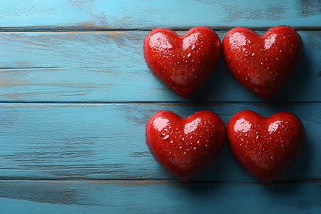 Four glossy, red, heart-shaped chocolates, sprinkled with droplets, rest on a rustic blue wooden surface. ideal for valentine's day themes, romantic decor, or culinary promotions, the allure of sweet indulgence. Generative AIの素材