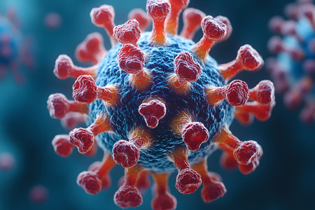 Detailed 3d render of a coronavirus particle, showcasing the distinct spike proteins against a blue background, used in scientific and medical research to understand viral structure and function. Generative AIの素材