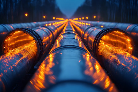 Illuminated pipelines extend into the distance at dusk, highlighted by ambient light reflecting off their metallic surfaces. the scene convergence of technology and nature, emphasizing industrial energy infrastructure. Generative AIの素材