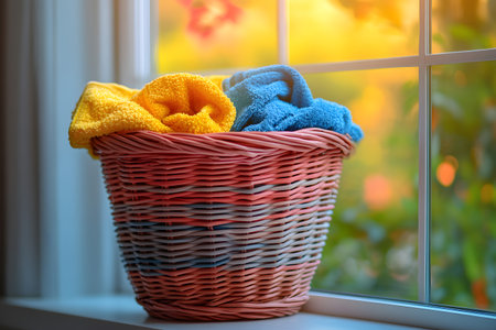 Vibrant yellow and blue towels are placed in a woven wicker basket, illuminated by warm sunlight through a window. this cozy and inviting scene creates a sense of warmth and comfort, perfect for home decor inspiration. Generative AIの素材
