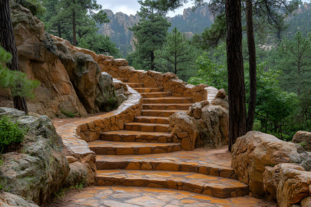 Stone stairs ascend through a serene forest pathway, bordered by towering pine trees and rugged rocks. the tranquil setting invites exploration and discovery, ideal for nature lovers and hiking enthusiasts. Generative AIの素材