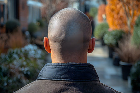A bald man in a leather jacket is seen from behind walking down a narrow urban path lined with lush greenery and potted plants. the warm tones of autumn foliage add to the serene ambiance of the city garden. Generative AIの素材
