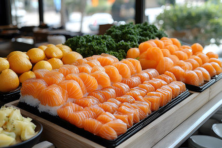 A vibrant sushi buffet features artfully arranged slices of fresh salmon alongside a plentiful display of lemons and lush greens. the setup is perfect for showcasing culinary skill and enticing diners. Generative AIの素材