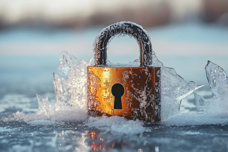 A metallic padlock partially encased in glistening ice, representing themes of security, protection, and confinement. the cold winter setting emphasizes the challenges of frozen barriers and the resilience needed to overcome them. Generative AIの素材