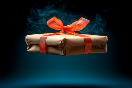 A whimsical scene featuring a floating gift box wrapped in brown paper adorned with a vibrant red ribbon. set against a dark, dramatic background, this image evokes mystery and anticipation, perfect for holiday designs or festive promotions. Generative AIの素材