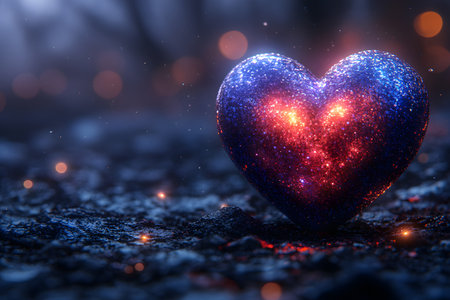 A stunning, glittering heart set against a mystical backdrop, illuminated by cosmic lights. the heart's vibrant colors create a romantic and magical atmosphere, perfect for themes of love, fantasy, and mystery. Generative AIの素材