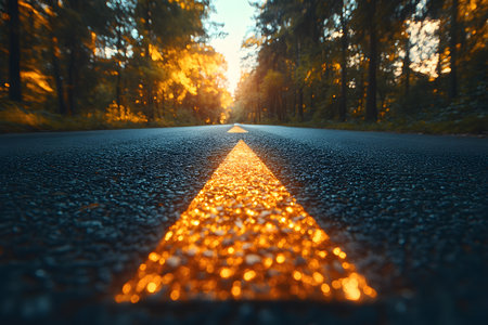 A tranquil forest road stretches into the distance, flanked by tall trees with golden autumn foliage. the central focus is a yellow dividing line, glowing under the warm sunset light, symbolizing endless exploration and adventure. Generative AIの素材