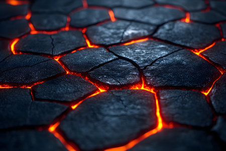 Dark basalt rocks with distinctive, glowing lava cracks create a striking geological texture. the vibrant, fiery glow highlights natural forces, adding a dynamic and intense aesthetic suitable for design and educational purposes. Generative AIの素材