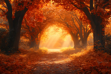 Autumn forest pathway enveloped in vibrant orange and red foliage as golden sunlight streams through leafy branches. a serene and magical atmosphere ideal for seasonal inspiration or nature-themed designs. Generative AIの素材