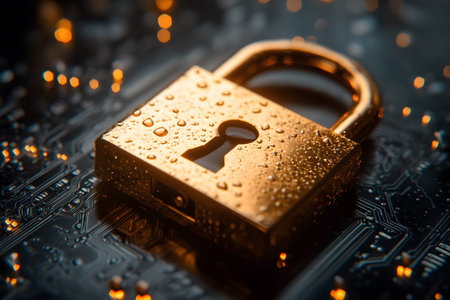 A golden padlock adorned with water droplets rests securely on a detailed circuit board, symbolizing digital security and protection. the image conveys themes of cybersecurity, data privacy, and technological excellence. Generative AIの素材