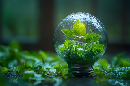 A transparent lightbulb encapsulates vibrant green leaves, symbolizing the fusion of technology and nature. raindrops on the bulb hint at freshness and renewal, enhancing the theme of sustainable innovation and eco-friendly solutions. Generative AIの素材