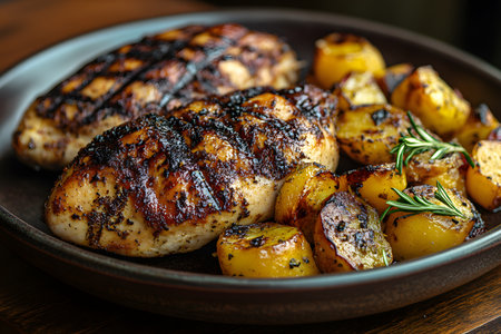Charcoal-grilled chicken breasts are paired with golden, herb-infused roasted potatoes, garnished with sprigs of rosemary, creating a visually appealing and tantalizing gourmet dining experience. Generative AIの素材