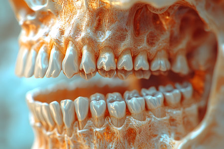 Detailed 3d rendering of a human skull focusing on the teeth. the image anatomical structure and intricate details, making it ideal for educational, medical, and scientific applications. Generative AIの素材
