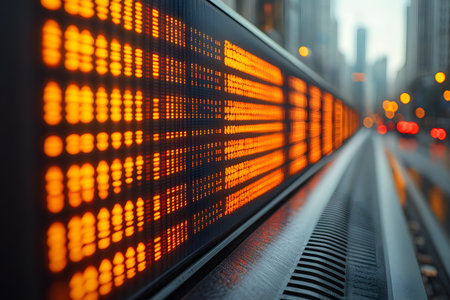 A vibrant digital display board glows with bright orange lights against the backdrop of a bustling city street. the scene energy of urban nightlife, the intersection of technology and modern urban life. Generative AIの素材