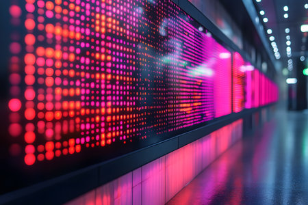 Vibrant pink and red digital display screen in a sleek, futuristic urban setting. the illuminated dots create a dynamic, high-tech atmosphere, reflecting modern advancements in technology and city life. Generative AIの素材