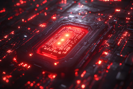 A high-tech circuit board featuring vibrant red led lights, symbolizing advanced technology and virtual reality. the intricate design illustrates digital innovation, making it ideal for tech, data, and electronic themes. Generative AIの素材