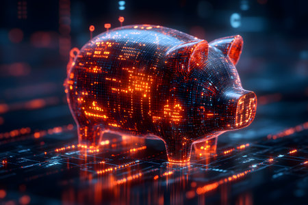 A futuristic piggy bank composed of digital and technological elements surrounded by glowing data on a digital grid. symbolizes modern financial saving, cryptocurrency, and tech-driven investment strategies. Generative AIの素材