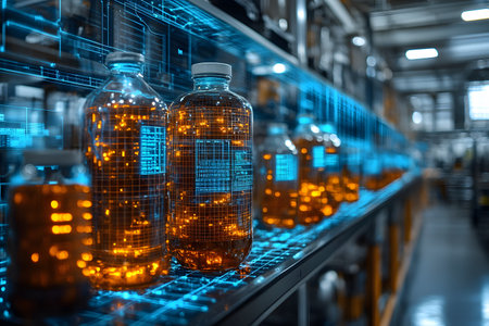 Glass bottles in a laboratory setting are enhanced with a digital overlay, symbolizing advanced technology and innovation in scientific research. the glowing digital elements highlight data and connectivity concepts. Generative AIの素材