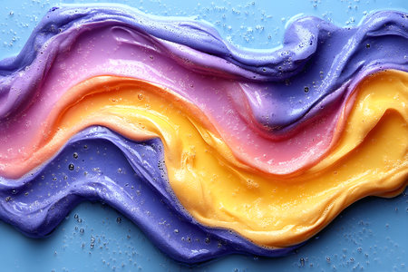 Vivid pastel slime in swirling purple, pink, and yellow hues forms an abstract wave pattern on a light blue background. the textured surface with bubbles enhances its dynamic and playful aesthetic. Generative AIの素材
