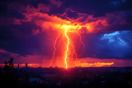 Intense lightning illuminates a vivid sunset sky, casting dramatic reds and blues over a silhouetted cityscape. the striking contrast between the stormy clouds and glowing horizon creates a breathtaking natural spectacle. Generative AIの素材