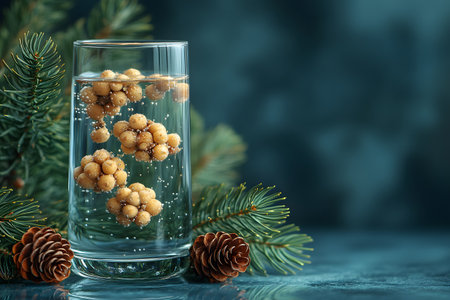 Floating candy clusters add a playful touch to a glass of sparkling water, surrounded by lush pine branches and pine cones. the scene exudes a cozy winter holiday atmosphere, perfect for festive designs and seasonal decor. Generative AIの素材