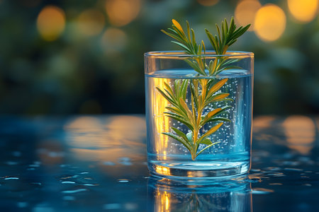 Sparkling water in a glass with a fresh rosemary sprig against a blurred, soft-focus background, creating a serene ambience. the image highlights freshness, wellness, and natural beauty with warm tones and bokeh effects. Generative AIの素材