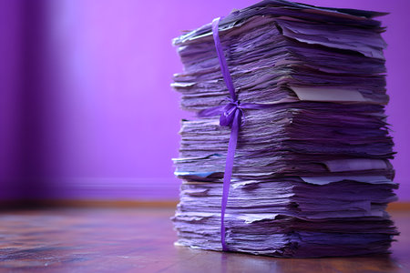A large stack of purple papers neatly tied with a matching ribbon sits on a wooden floor against a vibrant purple wall. the scene emphasizes themes of organization, color coordination, and artistic presentation. Generative AIの素材