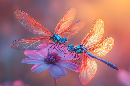 Two dragonflies rest gracefully on a flower, illuminated by a warm sunset glow. the intricate details of their translucent wings and the vivid colors create a captivating and serene nature scene. Generative AIの素材