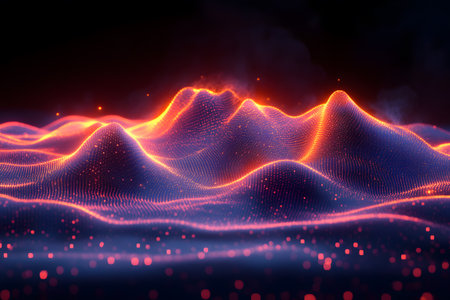 A visually striking futuristic landscape featuring glowing neon waves and dots. the abstract composition showcases vibrant colors and dynamic shapes, evoking a sense of modern technology and digital landscapes. Generative AIの素材