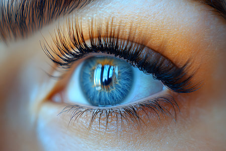 A detailed close-up image showcasing a striking blue eye with long, defined eyelashes. the natural beauty and intricate detail highlight themes of vision, focus, and the elegance of human anatomy. Generative AIの素材