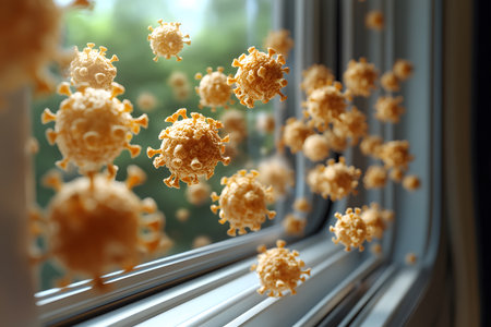 Floating virus particles near a window illustrate microscopic pathogens in detail, emphasizing health and science themes. the scene highlights viral characteristics and the importance of understanding infectious diseases. Generative AIの素材