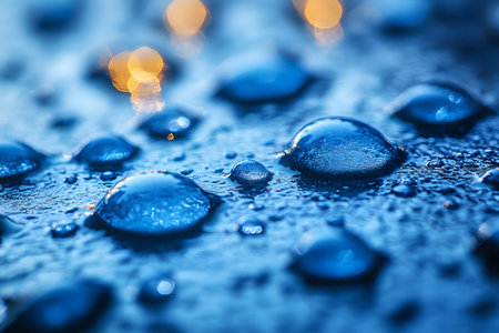 Water droplets of various sizes rest delicately on a textured surface, beautifully illuminated by ambient golden lights in the background. the image's abstract nature and vibrant blue tones create a visually stunning composition. Generative AIの素材