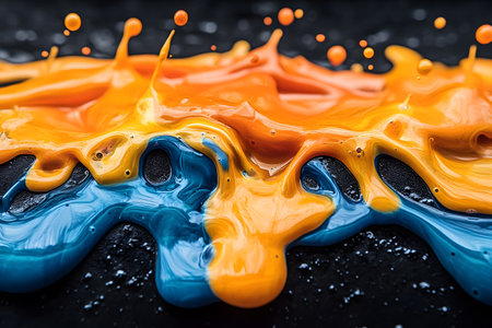 Dynamic splashes of orange and blue paint create a vibrant abstract composition. the bold colors and fluid motion make it perfect for modern art prints, posters, and design inspiration. Generative AIの素材