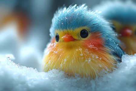 A vibrant plush bird with blue, yellow, and orange hues sits nestled in a snowy backdrop. this whimsical scene conveys warmth and charm, ideal for winter-themed decor, gifts, and festive design concepts. Generative AIの素材